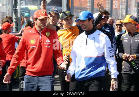 Melbourne, Australia. 24th Mar, 2024. Melbourne, Australia, 24. March: #55, Carlos SAINZ Jr., ESP, Team Scuderia Ferrari, SF-24, race winner, and Daniel RICCIARDO of Team Racing Bulls during the 2024 F1 Australian Formula One Grand Prix. Albert Park Grand Prix circuit, Formel 1 - Fee liable image, photo and copyright © Clay CROSS/ATP Images (CROSS Clay /ATP/SPP) Credit: SPP Sport Press Photo. /Alamy Live News Stock Photo