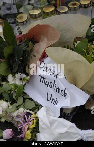 COPENHAGEN/DENMARK. 24 February 2015-Memorial of late Finn Norgaard who was died in terrorest attacked Krudttonder culture cafe on osterbro on sunday night during debate meeting with swedish cartoonest here are various message with flowers including Danish Muslim Union with respect flowers and message and among other greetings from Canada and among local danes at his memorial site infron of krudttonder culture cafe today he has been buried and his family has requested nation please do not donate flowers at his memorial site donate money to in his fund which has been rewesly established in his Stock Photo