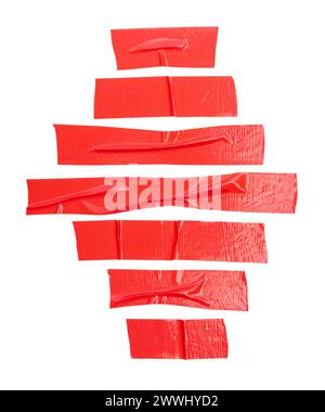 Top view set of red adhesive vinyl tape or cloth tape in stripes is isolated on white background with clipping path. Stock Photo