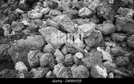 Black and white close up photo of pumice stones, nature background, Galapagos Islands, Ecuador. Stock Photo