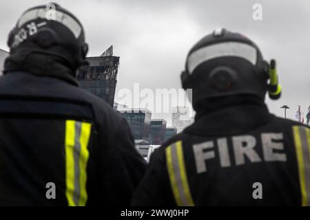 Moscow region, Russia. 24th of March, 2024. An emergency services workers are seen outside the Crocus City Hall in the town of Krasnogors, Moscow region, Russia. Credit: Nikolay Vinokurov/Alamy Live News Stock Photo