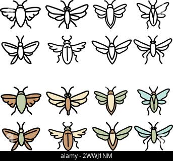 GROUP OF EIGHT BUGS, DRAWINGS OF INSECTS WITH WINGS Stock Vector