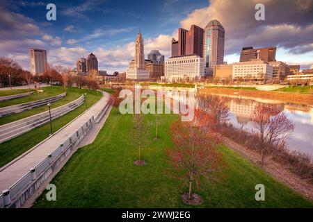 Columbus, Ohio, USA. Cityscape image of Columbus , Ohio, USA downtown skyline with reflection of the city in the Scioto River at spring sunset. Stock Photo