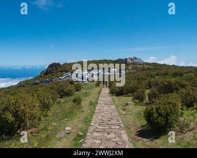 Full parking lot, car park of the Achada do Teixeira, an altitude restaurant at the start of the hiking trail PR1.2 from to Pico Ruivo mountain, the Stock Photo