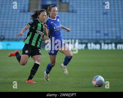 Leicester, UK. 24th Mar, 2024. Leicester, England, March 24 2024: Li Mengwen (26 Brighton) and Shannon O'Brien (27 Leicester City) compete for the ball during the Barclays FA Womens Super League game between Leicester City and Brighton & Hove Albion at King Power Stadium in Leicester, England. (Jay Patel/SPP) Credit: SPP Sport Press Photo. /Alamy Live News Stock Photo