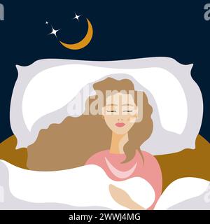 Beautiful blonde woman sleeps relaxed on pillow in bedroom Stock Vector