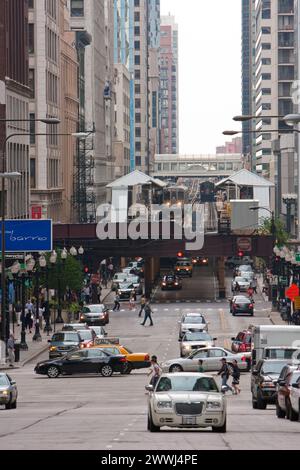 The downtown Loop area of Chicago, where elevated subway trains run ...