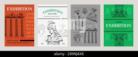 Greek posters. Rome and Greece art. Ancient statues. Museum exhibition. Athens marble column and gods sculpture for retro mythology. Stone pillar. Antique monument. Vector gallery flyers design set Stock Vector