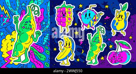 Doodle fruits. Crazy food character. Smiling raspberry and coconut. Funny berry comic mascot. Cute summer poster for kid healthy birthday party. Banana and cherry. Vector cartoon color drawings set Stock Vector