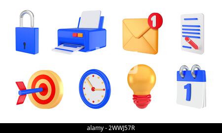 3D calendar icons. Unlock padlock. Printer and clock dial. Glass render with print paper. Office files. Mail envelope notification. Idea lightbulb. Document page. Business target. Vector symbols set Stock Vector