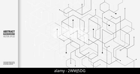 Tech background. Network connect line pattern elements. White hexagons and squares. Geometric mesh. Polygons and dots. Chemical molecule structure. Graphic simple shape. Vector abstract banner design Stock Vector