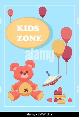 Cute toys. Kids zone. Cartoon playthings for children. Plush animal. Balloons and whirligig. Playground banner. Playing cubes. Nursery playroom entertainment. Babies fun. Vector childish card design Stock Vector