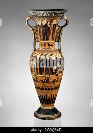 Terracotta loutrophoros (ceremonial vase for water) Greek, Attic Period: Archaic Greek ceramic painting  late 6th century BCE Stock Photo