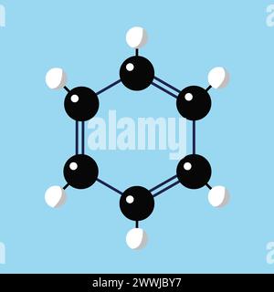 Benzene molecule. Ball-rod model. Flat style, vector illustration. Stock Vector