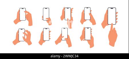 Berlin Germany January 21 2024 Mobile phone screen mockups set. Hands hold iphone smartphone. Flat vector illustrations isolated on white Stock Vector