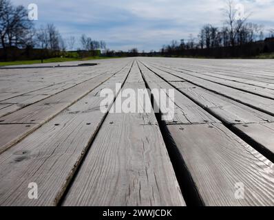 Boardwalk by the garden, wooden plank, decking, walkway, path or terrace, low angle view image of patio deck with blurred green background, copy space Stock Photo