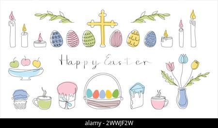 Easter Set in continuous one line style with design elements like Easter cakes, eggs, candles, cross, mugs, flowers, cupcake. Colored vector on white. Clipart. Easter card with Happy Easter greeting. Stock Vector