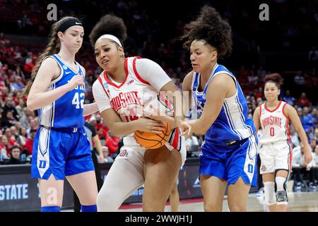 Columbus, Ohio, USA. 24th Mar, 2024. Ohio State Buckeyes forward Taiyier Parks (14) and Duke Blue Devils guard Taina Mair (22) fight for a rebound during the game between the Duke Blue Devils and the Ohio State Buckeyes at Ohio Stadium, Columbus, Ohio. (Credit Image: © Scott Stuart/ZUMA Press Wire) EDITORIAL USAGE ONLY! Not for Commercial USAGE! Stock Photo