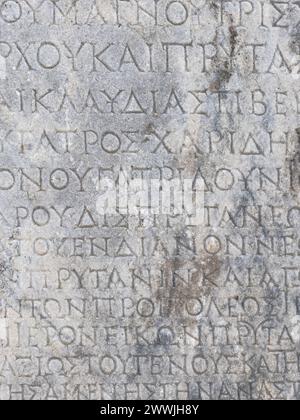 Amazing ancient greek writings on marbel.Old greek scriptures in Ephesus Turkey. High quality photo Stock Photo