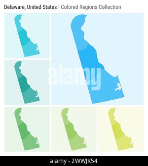 Delaware, United States. Map collection. State shape. Colored counties. Light Blue, Cyan, Teal, Green, Light Green, Lime color palettes. Stock Vector