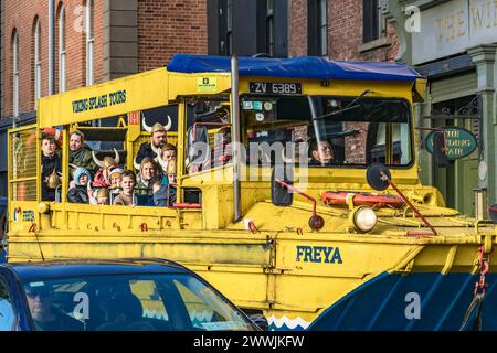 Viking Splash Tour Amphibious sightseeing tour bus boat “Freya” with tourists on board. Dublin. Ireland. Stock Photo