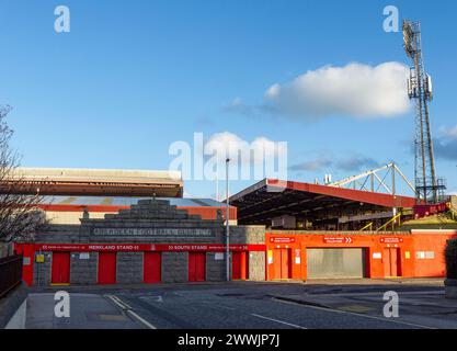 Approaching the Merkland Road stand of the Pittodrie Stadium, home of Aberdeen F.C, Merkland Road, Aberdeen, Aberdeenshire, Scotland, UK Stock Photo