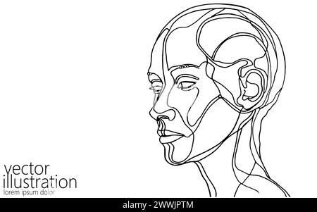 One line AI cyborg woman face. Smart assistant artificial intelligent computer future technology. Isolated one-line drawing sketch silhouette girl Stock Vector