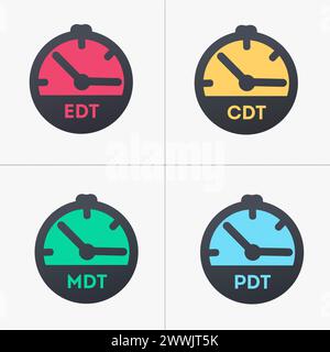 US time zones clock icon set, Colorful infographic time zones. Stock vector illustration isolated Stock Vector