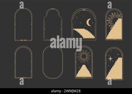 Set celestial arch window line frame, mystic with stairs, astrology symbols moon and sun, line border, minimal tattoo isolated. Esoteric spiritual icon. Vector illustration Stock Vector