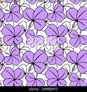 seamless asymmetrical pattern of clover leaves in purple and white tones and black contouros, design, texture Stock Photo