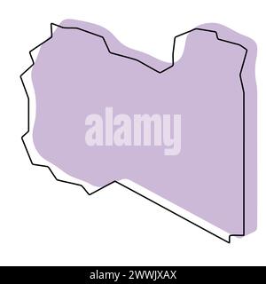 Libya country simplified map. Violet silhouette with thin black smooth contour outline isolated on white background. Simple vector icon Stock Vector