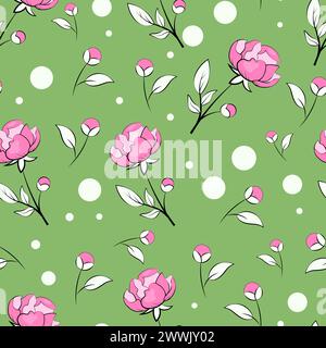 Seamless pattern with peonies on a green background Stock Vector