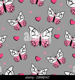 Seamless pattern with butterflies and pink hearts on a gray background Stock Vector