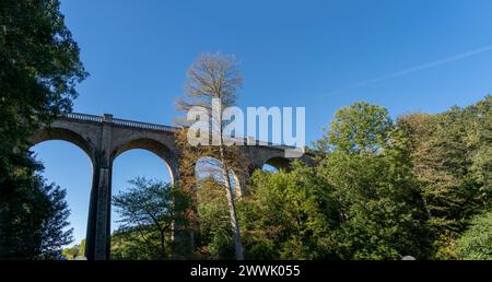 view from below a viaduct in Maulévrier park. old railroad Stock Photo