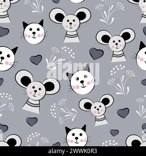 Seamless pattern of mouse and cats on grey background Stock Vector