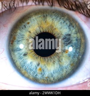 Description: High Resolution Female Green-Blue Colored Eye with Yellow Pigment Spots and Pupil Wide Open. Close Up. Structural Anatomy. Human Iris. Ma Stock Photo