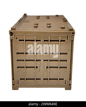 A brown shipping container for transporting objects angled view with ...