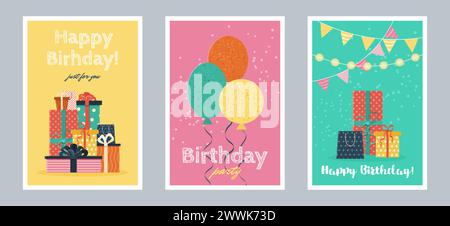 Set of Happy Birthday greeting cards or party invitations. Stock Vector