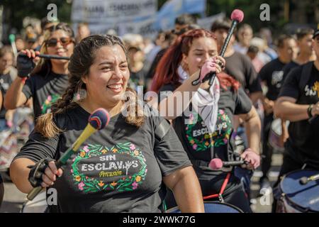 Buenos Aires, Argentina - March 24th 2024: Women percussionists in the March 24 march in Buenos Aires. Stock Photo