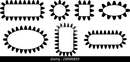 Set of scalloped round, square, rectangle and oval frames. Tags, labels, stickers or text boxes templates with scallop borders isolated on white background. Vector graphic illustration. Stock Vector