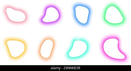 Set of blurry irregular shapes. Colorful organic blobs with neon gradient borders isolated on white background. Asymmetric bubbles, liquid blots, fluid splots, distorted forms. Vector illustration. Stock Vector