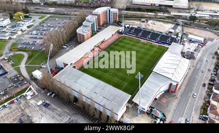 Wrexham, UK. 24th March 2024.   Aerial view of Stok Cae Ras Stadium in Wrexham on 24th March 2024.   This image may only be used for Editorial purposes. Editorial use only.  Credit: Ashley Crowden/Alamy Live News Stock Photo