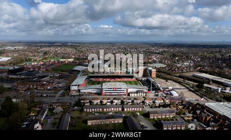 Wrexham, UK. 24th March 2024.   Aerial view of Stok Cae Ras Stadium in Wrexham on 24th March 2024.   This image may only be used for Editorial purposes. Editorial use only.  Credit: Ashley Crowden/Alamy Live News Stock Photo