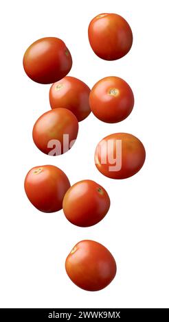 tomatoes falling, solanum lycopersicum, matured or ripe edible fruits used in wide range of dishes with health benefits, isolated on white background Stock Photo