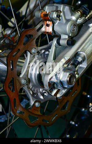 Motorcycle brake system, disc. caliper rim and chassis Stock Photo