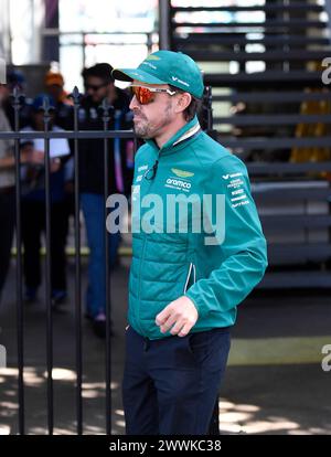 MELBOURNE, AUSTRALIA 24 March 2024. Pictured: 14 Fernando Alonso (ESP) Aston Martin Aramco F1 Team returns to the paddock following the Sunday drivers' parade at the FIA Formula 1 Rolex Australian Grand Prix 2024 3rd round from 22nd to 24th March at the Albert Park Street Circuit, Melbourne, Australia. Credit: Karl Phillipson/Alamy Live News Stock Photo