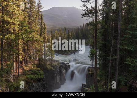 Sunwapta Falls in the stunning Canadian Rockies at sunrise in summertime with beautiful cascading waterfall in popular tourist, landscape area Canada. Stock Photo