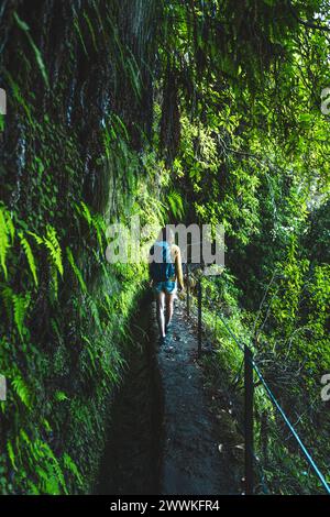 Description: Backpacker woman walking along steep, overgrown jungle hiking trail  next to canal through Madeiran rainforest. Levada of Caldeirão Verde Stock Photo