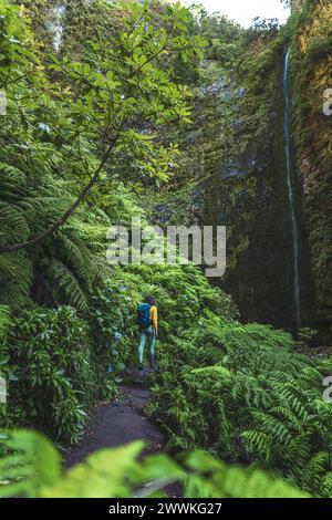 Description: Backpacker woman walking along fern overgrown trail at picturesque, overgrown waterfall in the Madeiran rainforest. Levada of Caldeirão V Stock Photo