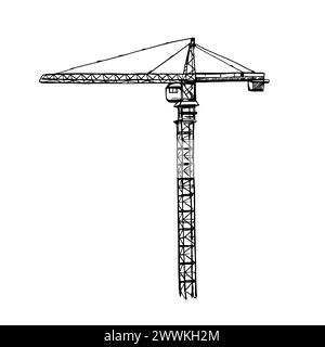 Tower crane ink sketch drawing isolated on white background. Vector illustration. Stock Vector
